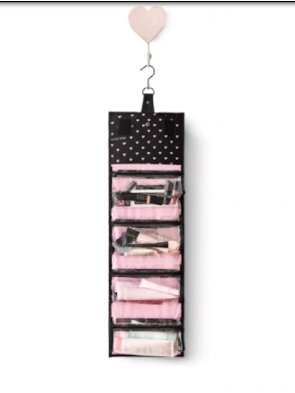 NWT Mary Kay Black Cosmetic Train Case with Pink Heart Pattern